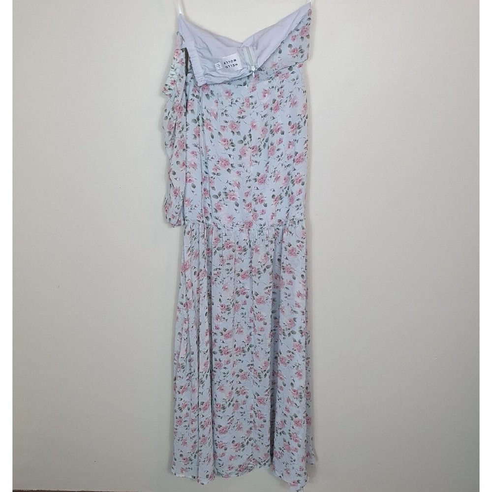 HELLO MOLLY floral maxi Dress Sze 6 blue One Shoulder front slit Ruffle Cocktail - Picture 7 of 8